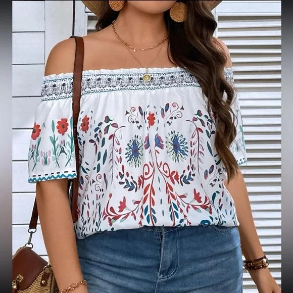 Boho Floral Print Off Shoulder Top Blouse Shirt White - Picture 5 of 8
